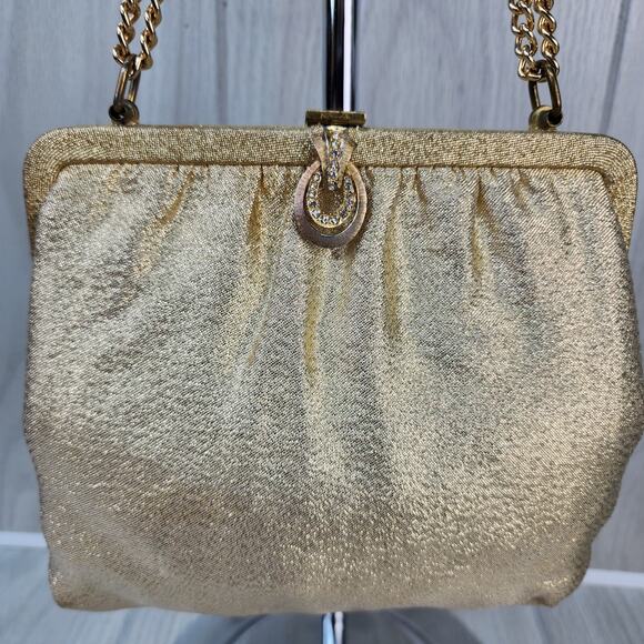 Vintage 60s 70s Gold Lame Evening Clutch Purse 6" Chain Strap Sparkly Holiday - Picture 7 of 16